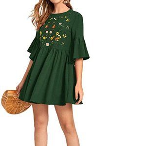 Embroidery Floral Bell Sleeve A Line Dress M Green